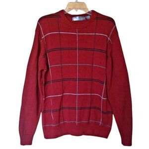 Vintage Oscar De La Renta Mens Sweater XL Burgundy Cotton Knit Crewneck Checks